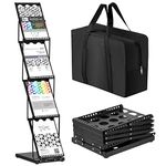 Foldable Magazine Rack Metal Catalog Literature Rack Portable 4 Pockets with Carrying Bag Black Brochure Stand Literature Rack Display Holder Stand for Exhibition Trade Show Office Store (1 Pack)