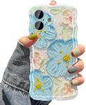 UEEBAI Case for iPhone 16, Colorful Retro Oil Painting Flower Case Pretty Glossy Pattern Wave Case Cute Sparkly Floral Curly Cover Stylish Case for Women and Girl, Blue White