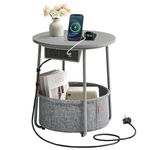 VASAGLE Side Table with Charging Station, Round End Table with Power Outlets, USB Ports, Fabric Basket, Living Room, Bedroom, Bedside Table, Modern, Dove Grey and Slate Grey LET228G03