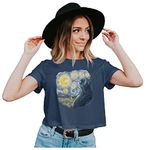 Heybroh Women's Crop Top Van Gogh Cat 100% Cotton (Navy Blue; X-Small)