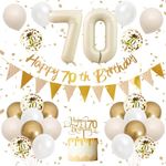 70th Birthday Decorations Sand White Gold,70th Birthday Balloons Beige Gold,Happy 70th Birthday Banner with Cake Toppers Number 70 Balloons for Women Men Birthday Party Decorations