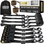 AUGO Ratchet Tie Down Straps –4 PK– 4.5m – 1000 KG Break Strength – Safety Lock S Hooks –for Moving Cargo, Appliances, Lawn Equipment, Motorcycle – Includes 2 Bungee Cords, 4 Soft Loops, Storage Bag