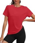 OFEEFAN Red Short Sleeve Loose Fit Shirt Womens UPF 50+ Workout Tops for Women L