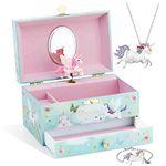 Kids Musical Jewelry Box with Big Drawer and zirconia stones Jewelry Set with Spinning Unicorn and Glitter Rainbow Butterfly Design - Blue Danube Tune