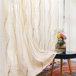 Urban Space Gold Foil Sheer Striped Curtains 8 Feet for Door Set of 2 with Eyelets&Tieback,35-40% Semi Transparent Decorative Curtain for Living Room(Long Door-8 X 4 Ft,Double Wave Butter Cream)