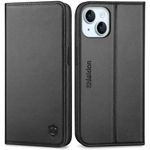 SHIELDON Case for iPhone 15 6.1", Genuine Leather Wallet Case with [Card Holder][Kickstand][RFID Blocking][TPU Shell] Magnetic Shockproof Folio Phone Case Compatible with iPhone 15 5G 2023 - Black