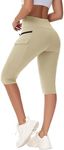 MIVEI Long Biker Hiking Shorts for Women - Bermuda Knee Length Short High Wiast Capri Leggings Zipper Pockets Outdoor Workout Khaki