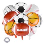 10 Pieces Sports Themed Balloons Set, Baseball Balloons Football Balloons Basketball Balloons and Rugby Foil Balloon with White ribbon for Baby Shower Sports Themed Party Decoration Supplies