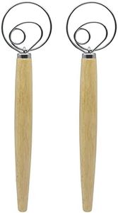 Medoca Whisk 2 Pack Danish Dough Whisk Wooden Handed Stainless Steel Bread Making Tools Dough Mixer for Bread Batter Cake Biscuits