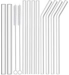 NINU 12 Pack Glass Straws, Reusable Clear Drinking Straws, 4 Straight and 4 Bent Straws, 2 Wide Smoothie Straws with 2 Cleaning Brushes