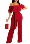 CutieLove Women's Sexy Off Shoulder Solid Jumpsuits Casual Wide Leg Long Pants One Piece Jumpsuits with Belt, A-red, X-Large