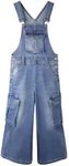 KIDSCOOL SPACE Girls Denim Overalls,Wide Leg Accordion Deep Heel Pockets Cargo Jeans Dungarees,10