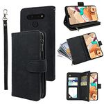 Compatible with LG K61/Q61/K51S/K41S Wallet Case and Premium Vintage Leather Flip Credit Card Holder Stand Cell Accessories Folio Purse Lanyard Wrist Phone Cover for K 61 51S 41S Women Men Black