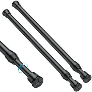 MEXAU 2PCS Small Tension Curtain Rod 28 to 48 Inch,Black Short Curtain Rods No Drilling,Loaded Expandable Spring Curtain Rods for Kitchen,Closet,Cupboard,Door,Bookshelf