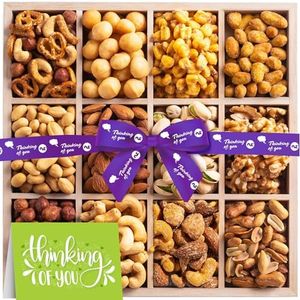 NUT CRAVINGS Gourmet Collection - Thinking of You, Nuts Gift Basket with Thinking of You Ribbon + Greeting Card in Reusable Wooden Tray (12 Assortments) Food Arrangement, Healthy Snack, Kosher