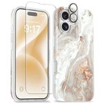 GVIEWIN Compatible with iPhone 16 Case, with Screen Protector & Camera Lens Protector, Shockproof Marble Soft TPU Slim Bumper Protective Phone Cover for Women Girls 2024 6.1" (Pearlescent/Gold)