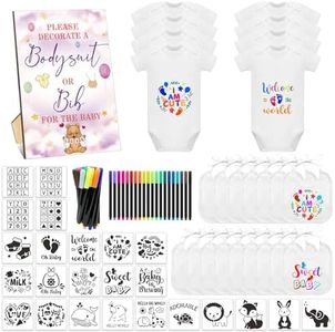 69 Pieces DIY Baby Bib Decorating Set 8 Pieces Bodysuits 16 Pieces White Bibs 20 Fabric Markers 24 Stenciled