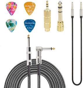 SUNYIN Amp Cord for Electric Guitar,20-Feet Acoustic Guitar Cable,Straight to Right Angle Guitar Amp Cord with Gold Plated 3.5mm&6.5mm Stereo Adapter,Audio Cable,4 Picks