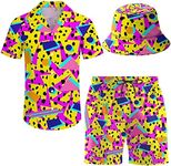 ifamawlea Men's 2 Piece Tracksuit Hawaiian Shirt Shorts Button Down Shirt and Shorts Sets with Bucket Hats, Retro 80s 90s Graphics1, Large