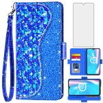 Asuwish Phone Case for Alcatel 1S 2020/1V 2020/3L 2020 Wallet Cover with Tempered Glass Screen Protector and Wrist Strap Flip Credit Card Holder Bling Glitter Stand Cell Accessories Women Girls Blue