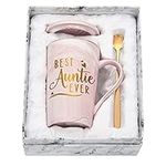 Livole Auntie Christmas Gifts, Auntie Gifts from Nephew, Niece, Best Auntie Ever, Birthday Mug for New Auntie, Aunt, Women, Sister, 14oz Ceramic Marble Coffee Mug Tea Cup with Lid, Spoon, Gift Box