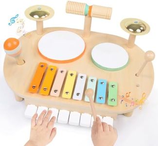 YHHYTOY Baby Drum Set, Wooden Baby Musical Instruments for Toddlers 1-3, Musical Activity Table Percussion Set with Xylophone Cymbal Piano, Montessori Christmas Preschool Birthday Gifts for Kids
