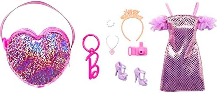 Barbie Clothes Set, Birthday-Themed with Dress, 5 Acessories & Zippered Doll-Sized Heart-Shaped Bag with Clip-On Ring