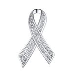 U7 Platinum Plated Silver Ribbon Pin Brooch for Women Teenage Girls White AAA+ Cubic Zirconia Crystal Brooches for Breast Cancer Awareness Jewellery