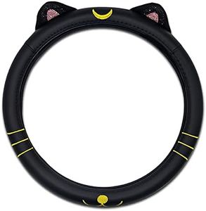 Car Leather Steering Wheel Cover with Cute Diamond Cat Ears,Bling Interior Accessories for Girls&Women'(14.5''-15'', Black)