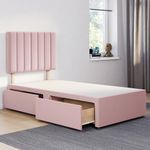 ComfoRest - Luxurious 3FT Single Bed with NO Mattress Included - Elegant Divan Bed with 24" Headboard and Smart Storage Solutions - With 2 Drawers - Bed Frame Only (Pink Plush)