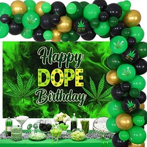 Decoraciones de cumpleaños de marihuana para adultos, kit de arco de guirnalda de globos de marihuana con telón de fondo de cumpleaños para hombres o mujeres 420 suministros de fiesta