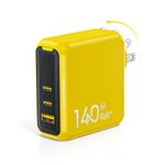 AOHI Magcube 140W USB C Charger PD3.1 3-Port GaN+ Laptop Wall Charger 100W Fast Charging Power Adapter Foldable Plug for MacBook Pro 16'', Dell XPS, iPad Pro, Galaxy, iPhone 15 Pro, Chromebook, Yellow