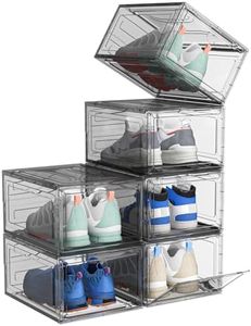 ARSTPEOE Upgrade Harder Solid Plastic Shoe Organizer, Shoe Storage with Magnetic Front Door, Shoe Rack 6 Pack Shoe Boxes Clear, Sneaker Storage, Shoe Organizer for Closet, Shoe Display Case, Black
