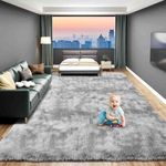 Fluffy Soft Rug for Living Room, 6x9 Indoor Modern Area Rugs Fluffy Bedroom, Thick Large Carpets for Kids Bedroom Home Decor Nursery Rug, High Pile Soft Throw Rug, Anti-Skid, Tie-Dyed Light Grey