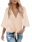 Bluetime Womens Summer Tops Boho 3/4 Sleeve V Neck Tie Front Shirts Casual Floral Blouses, Solid Cream (With Layer), Medium