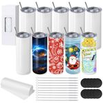 10 Pack Sublimation Tumblers Bulk, 20 oz White Skinny Straight Cups for Heat Press, Stainless Steel Double Wall Insulated Tumbler with Lids, Metal Straws, Shrink Wrap, Cleaning Brush, Individually Box