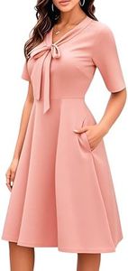 oxiuly Elegant Half Sleeve Work Dresses for Women 2025 Modest Fit and Flare Swing Sunday Vacation Holiday Party Graduation Vintage Dresses with Pockets OX278 Pink Solid M