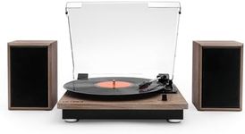 Victrola Montauk Record Player with matching stereo speaker, Bluetooth connectivity & dust cover, 3-speed Vinyl Player, Oak