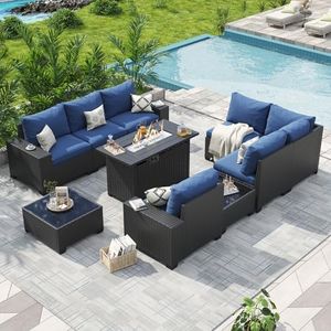 Aoxun Patio Furniture Sets with 44'' Fire Pit, 10 Pcs Outdoor Patio Coversation Sets with 4'' Thicken Cushion, Widen Armrests Wicker Outdoor Sectional for Backyard (Waterproof Cover Include)