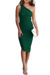 PRETTYGARDEN Women's Ruched Bodycon Dress One Shoulder Sleeveless Party Cocktail Midi Pencil Dresses (Dark Green,Medium)