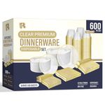 R-kay 600pcs Clear And Gold Plastic Plates Dinnerware Set 100 Guest, Incl. Clear Plates With Gold Trim, Cups, Cutlery -Heavy Duty Clear Gold Plastic Plates -Premium Clear Plastic Plates With Gold Trim