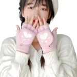 REFFER Cute Fingerless Gloves warm Fashion Lovely Cat Paw Design with Mitten Covers winter gloves for women girls (Pink)