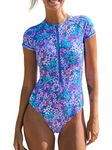 CUPSHE One Piece Swimsuit for Women High Neck Zipper Short Sleeve Bathing Suit Purple Blue Floral M