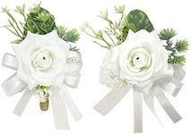 MAFELOE Artificial Flower Wrist Corsage Boutonniere Set for Groomsmen Bridesmaids Groom Bride, Corsage Wristband Men Boutonniere Homecoming Wedding Party Prom Suit Decorations - White 2Pcs