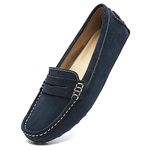 Osslue Women's Blue Suede Leather Casual Penny Loafers Retro Ladies Moccasins Driving Mocs Comfort Slip-On Fashion Boat Shoes Classic Flats 7.5 M US XYM-1208-LAN075