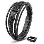 SERASAR Bracelet Homme Cuir Noir Leather Wrist Band 23cm Black Bracelet Men Cadeau Homme Gift-Box Genuine-Leather Braided Multi-Layer Wrap Rope Man Mans Male Boy Boys Mens Bracelets Jewelry Magnet