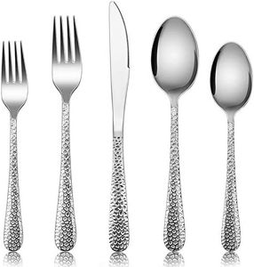 Silverware Set for 12, E-far 60-Piece Hammered Flatware Cutlery Set, Stainless Steel Eating Utensils for Kitchen Hotel Restaurant Party, Modern Design & Mirror Finished - Dishwasher Safe