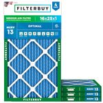 Filterbuy 16x25x1 Air Filter MERV 13 Optimal Defense (4-Pack), Pleated HVAC AC Furnace Air Filters Replacement (Actual Size: 15.50 x 24.50 x 0.75 Inches)