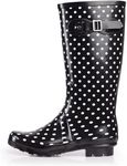 NORTY - Womens Hurricane Wellie Gloss Hi-Calf White Dot Black Rim Print Rain Boot, Black, White 39207-11B(M) US