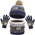 AOTOW Boys Hat Scarf and Gloves Set - Girls Kids Hat and Gloves Set 3pcs Winter Thermal Knitted Beanie Cap & Circle Scarf & Mittens with Fleece Lining for Children Warm 5-10 Years Old/Blue